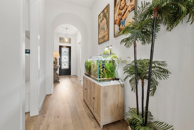 corridor with light wood finished floors and arched walkways