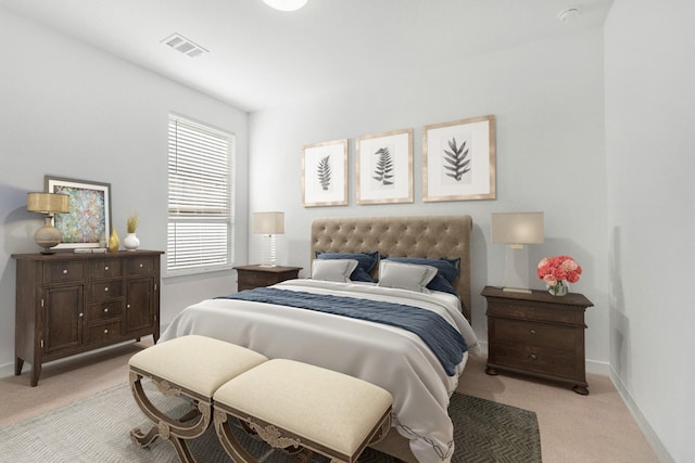 bedroom with light carpet, baseboards, and visible vents