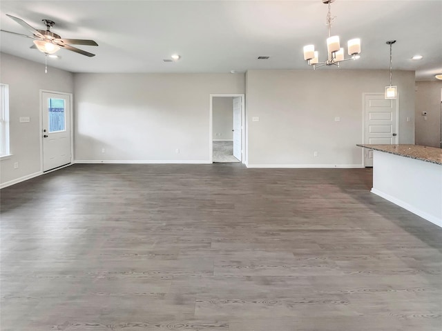 1826 Temple Grove Dr, Iowa Colony, TX 77583 - unfurnished living room with recessed lighting, a chandelier, a ceiling fan, baseboards, and dark wood-style floors