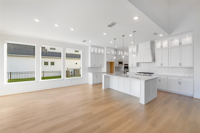 1559 River Point Dr, Friendswood, TX 77546 - kitchen featuring custom range hood, white cabinetry, decorative backsplash, and recessed lighting