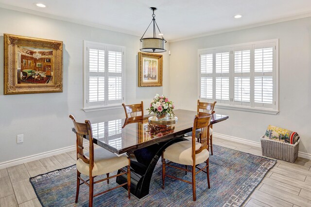 2227 Hialeah Dr, Houston, TX 77018 - dining room with baseboards, wood tiled floor, recessed lighting, and crown molding