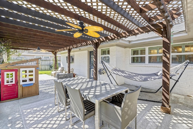2227 Hialeah Dr, Houston, TX 77018 - view of patio / terrace with a pergola, outdoor dining area, fence, and a ceiling fan