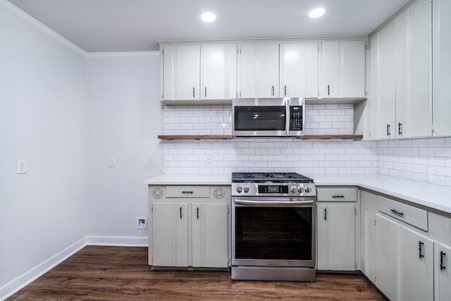 2007 Lamonte Ln, Houston, TX 77018 - kitchen with ornamental molding, open shelves, stainless steel appliances, and light countertops