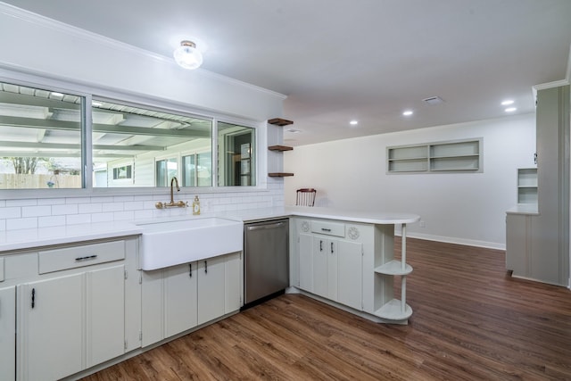 2007 Lamonte Ln, Houston, TX 77018 - kitchen with stainless steel dishwasher, open shelves, crown molding, and backsplash