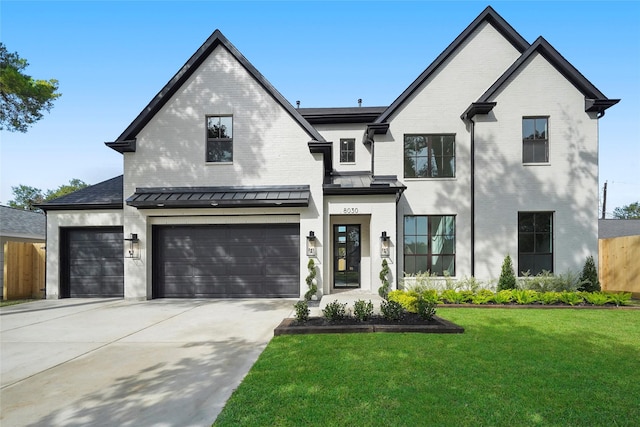 1905 Norcrest Dr, Houston, TX 77055 - modern inspired farmhouse with concrete driveway, brick siding, an attached garage, and a standing seam roof