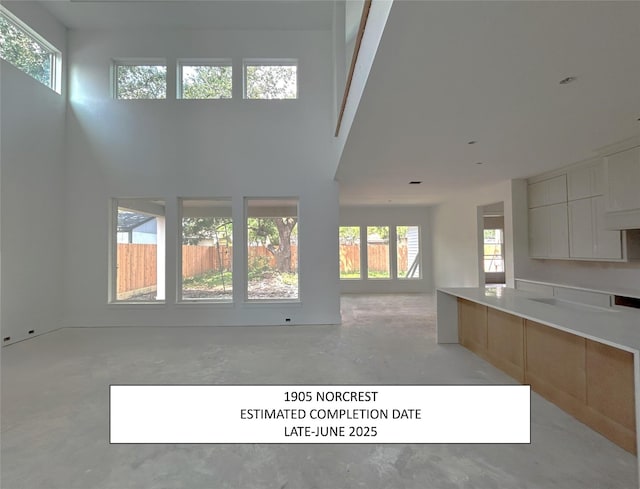kitchen with concrete floors, a towering ceiling, and open floor plan