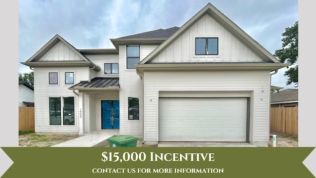 1905 Norcrest Dr, Houston, TX 77055 - view of front of property with fence, a standing seam roof, board and batten siding, and metal roof