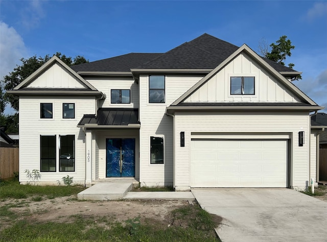 1905 Norcrest Dr, Houston, TX 77055 - modern inspired farmhouse with board and batten siding, driveway, a garage, and a shingled roof