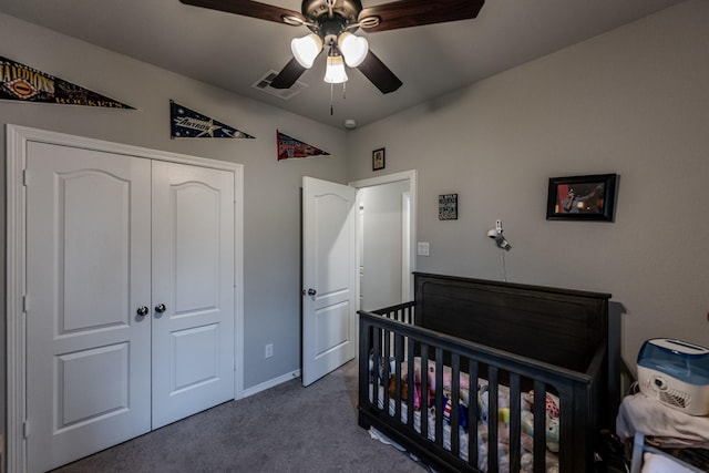 25843 Hickory Pecan Trl, Tomball, TX 77375 - carpeted bedroom featuring a closet, a ceiling fan, baseboards, and a nursery area