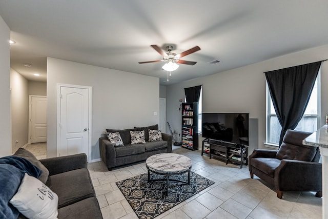 25843 Hickory Pecan Trl, Tomball, TX 77375 - living room with a ceiling fan, light tile patterned flooring, and recessed lighting