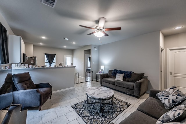 25843 Hickory Pecan Trl, Tomball, TX 77375 - living room with a ceiling fan, recessed lighting, baseboards, and light tile patterned flooring