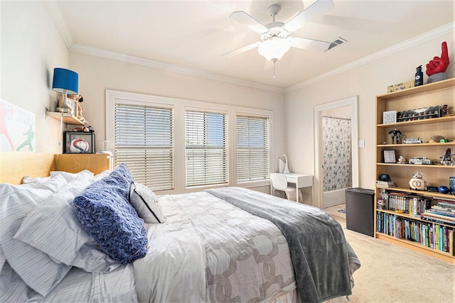 bedroom featuring light carpet, visible vents, crown molding, and a ceiling fan