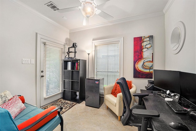 office featuring light tile patterned floors, visible vents, ornamental molding, and ceiling fan