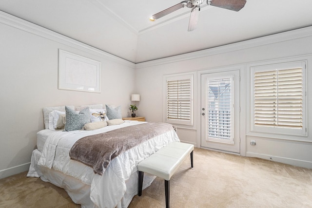 bedroom featuring access to outside, light colored carpet, baseboards, and lofted ceiling