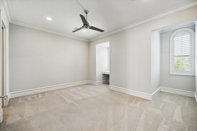 2222 Oxford St, Houston, TX 77008 - carpeted spare room featuring baseboards, crown molding, ceiling fan, and recessed lighting