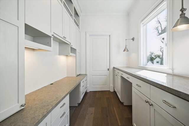 2222 Oxford St, Houston, TX 77008 - kitchen with white cabinetry, light stone counters, pendant lighting, and dark wood finished floors
