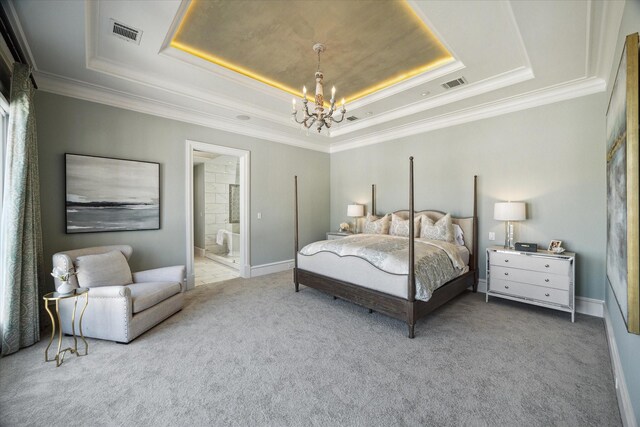 2222 Oxford St, Houston, TX 77008 - bedroom with a tray ceiling, visible vents, a notable chandelier, and carpet