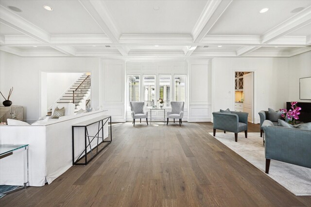 2222 Oxford St, Houston, TX 77008 - interior space with coffered ceiling, stairs, beamed ceiling, and wood finished floors