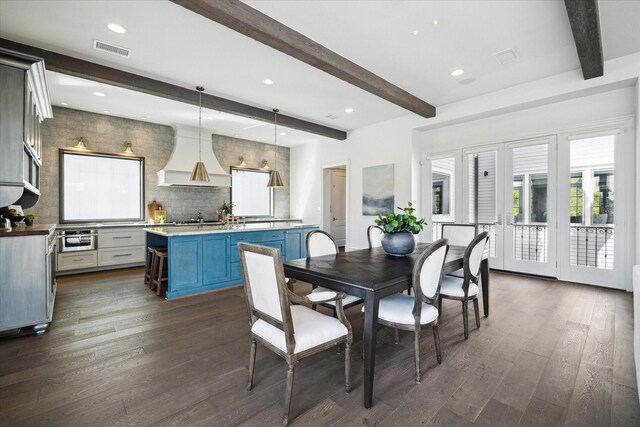 2222 Oxford St, Houston, TX 77008 - dining room featuring dark wood-style floors, visible vents, recessed lighting, and beamed ceiling