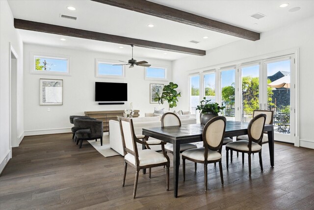 2222 Oxford St, Houston, TX 77008 - dining room with dark wood finished floors, visible vents, and ceiling fan