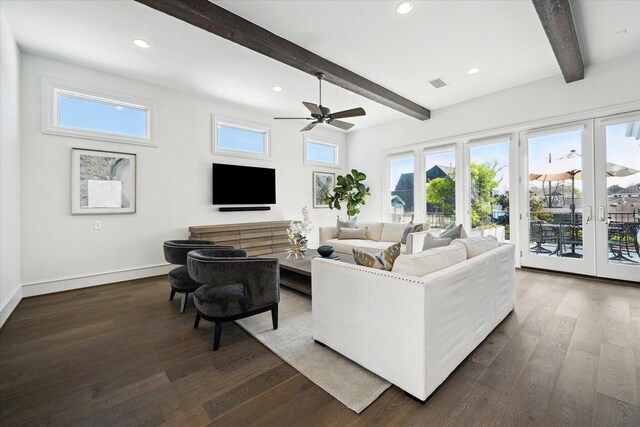 2222 Oxford St, Houston, TX 77008 - living area with french doors, baseboards, beam ceiling, a ceiling fan, and wood finished floors