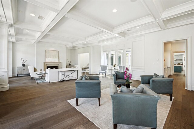 2222 Oxford St, Houston, TX 77008 - living area with coffered ceiling, recessed lighting, dark wood-type flooring, beam ceiling, and a fireplace
