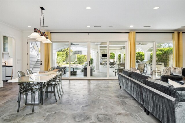 2222 Oxford St, Houston, TX 77008 - dining area with ceiling fan, recessed lighting, stairway, and ornamental molding