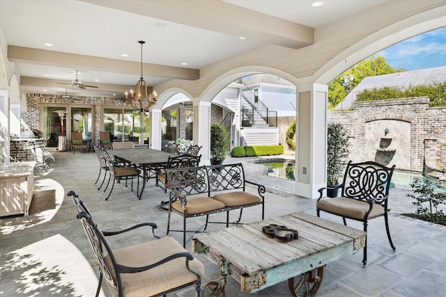 2222 Oxford St, Houston, TX 77008 - view of patio with stairs, outdoor dining area, an outdoor living space with a fireplace, and a ceiling fan