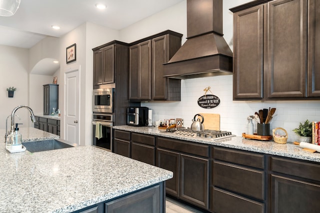 10215 Napier Dr, Rosharon, TX 77583 - kitchen featuring custom exhaust hood, appliances with stainless steel finishes, a sink, dark brown cabinetry, and tasteful backsplash