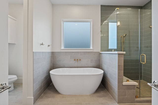 bathroom with a freestanding bath, a shower stall, a wealth of natural light, and tile walls