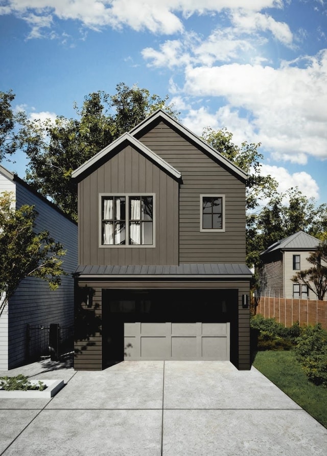 710 Waverly St Unit D, Houston, TX 77007 - view of front facade featuring an attached garage, driveway, board and batten siding, a standing seam roof, and a metal roof