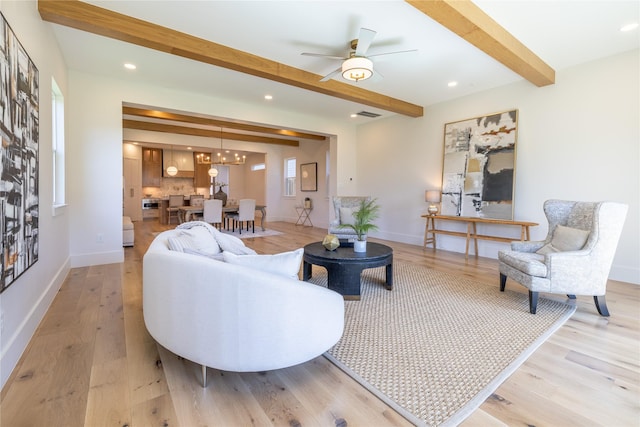 710 Waverly St Unit D, Houston, TX 77007 - living area with beamed ceiling, light wood-type flooring, recessed lighting, and a ceiling fan