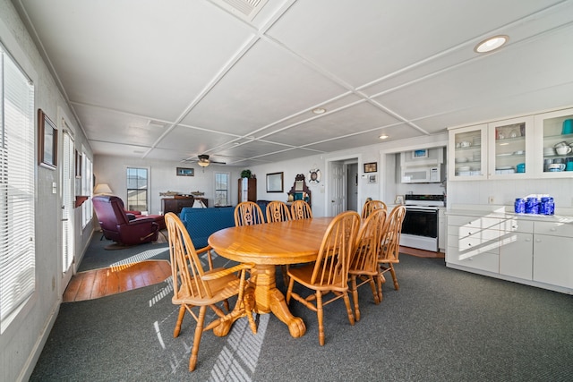 dining space with a ceiling fan and dark wood-type flooring