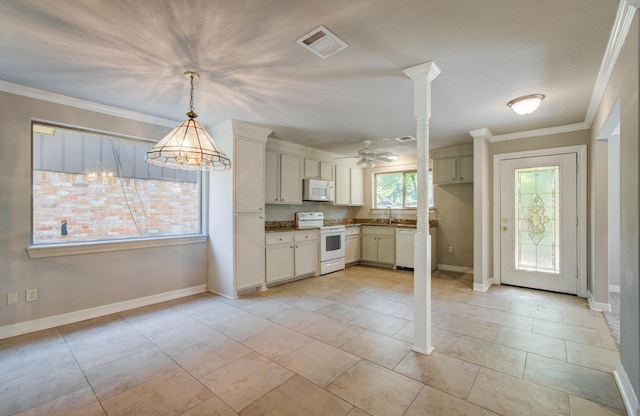 12728 Hollandale Dr, Houston, TX 77082 - kitchen featuring white appliances, ceiling fan, ornamental molding, a chandelier, and pendant lighting