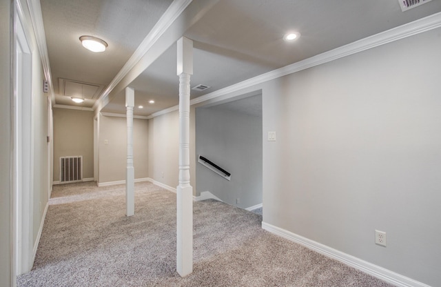 12728 Hollandale Dr, Houston, TX 77082 - basement featuring carpet floors, ornamental molding, and recessed lighting