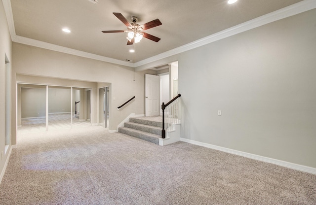12728 Hollandale Dr, Houston, TX 77082 - basement featuring a ceiling fan, carpet, crown molding, stairway, and recessed lighting