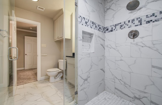 12728 Hollandale Dr, Houston, TX 77082 - full bath with a marble finish shower, marble look tiles, and crown molding