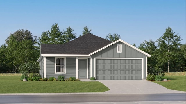 single story home featuring board and batten siding, an attached garage, a front lawn, and driveway