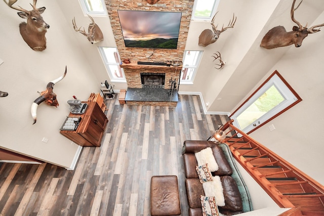 20202 Deer Run Rd, Damon, TX 77430 - living room featuring a stone fireplace, a high ceiling, wood finished floors, and a healthy amount of sunlight