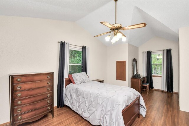 20202 Deer Run Rd, Damon, TX 77430 - bedroom featuring multiple windows, a ceiling fan, vaulted ceiling, and wood finished floors