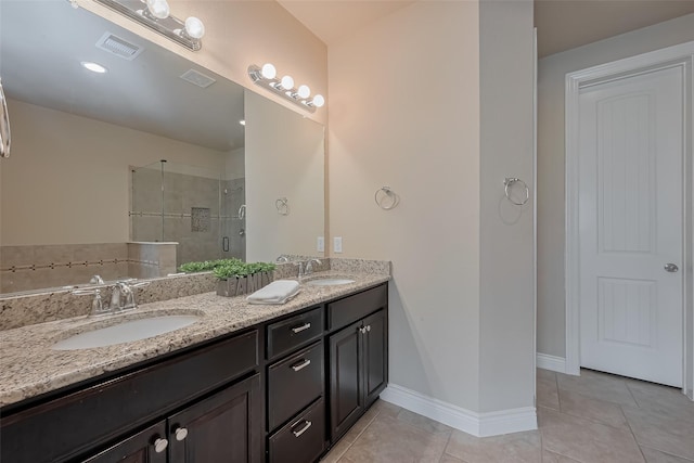 full bathroom featuring a stall shower, a sink, and visible vents