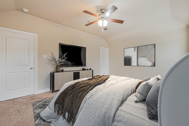 carpeted bedroom with visible vents, ceiling fan, baseboards, and lofted ceiling