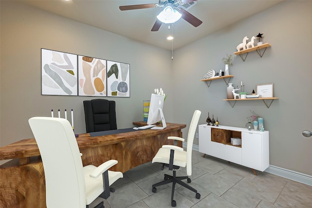 home office featuring baseboards, a ceiling fan, light tile patterned flooring, and recessed lighting