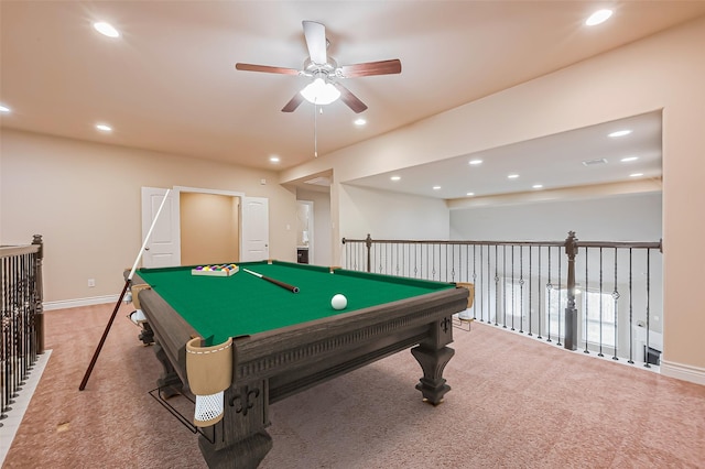 playroom with baseboards, a ceiling fan, carpet, billiards, and recessed lighting