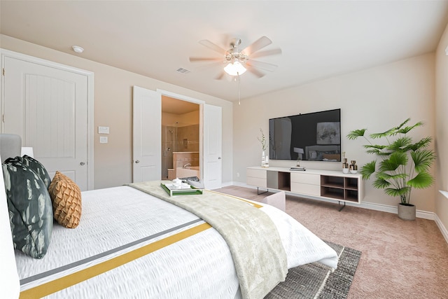 bedroom with light carpet, visible vents, baseboards, and a ceiling fan