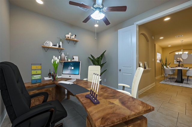 office space with ceiling fan with notable chandelier, visible vents, and recessed lighting
