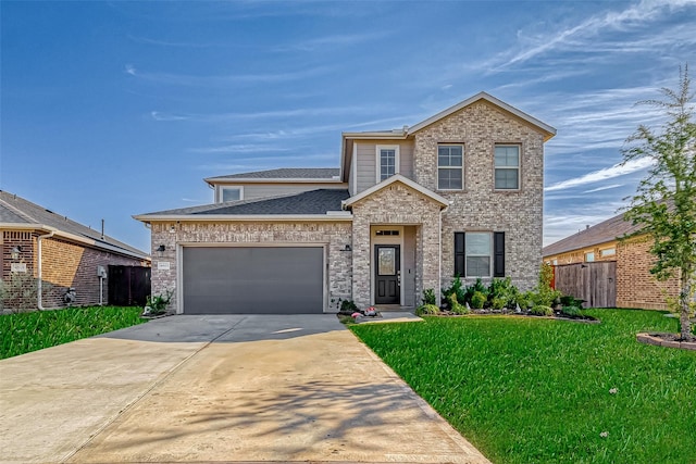 4603 Red Yucca Dr, Baytown, TX 77521 - traditional-style house with an attached garage, driveway, a shingled roof, and brick siding