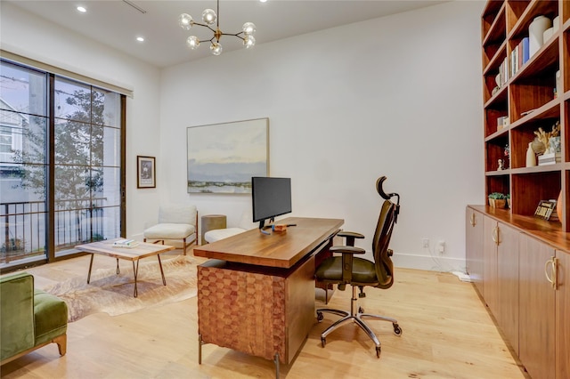 1810 Dunlavy St, Houston, TX 77006 - office space with light wood-style flooring, a chandelier, baseboards, and recessed lighting