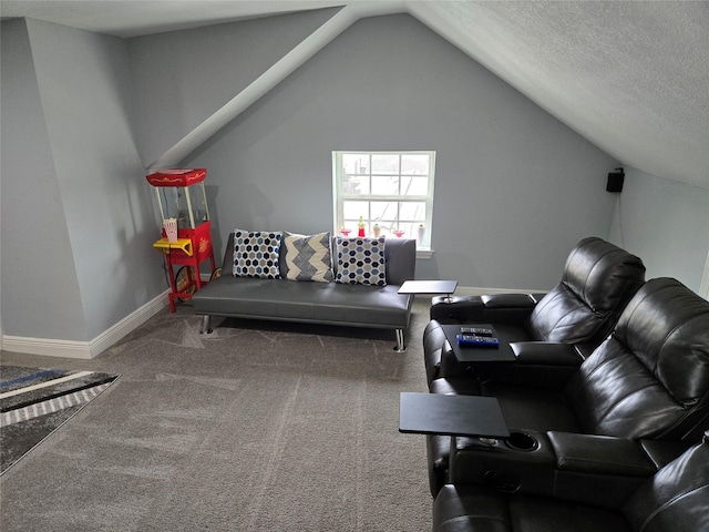 carpeted living area featuring baseboards and vaulted ceiling