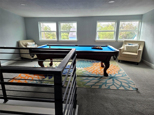 recreation room featuring pool table, carpet flooring, and baseboards